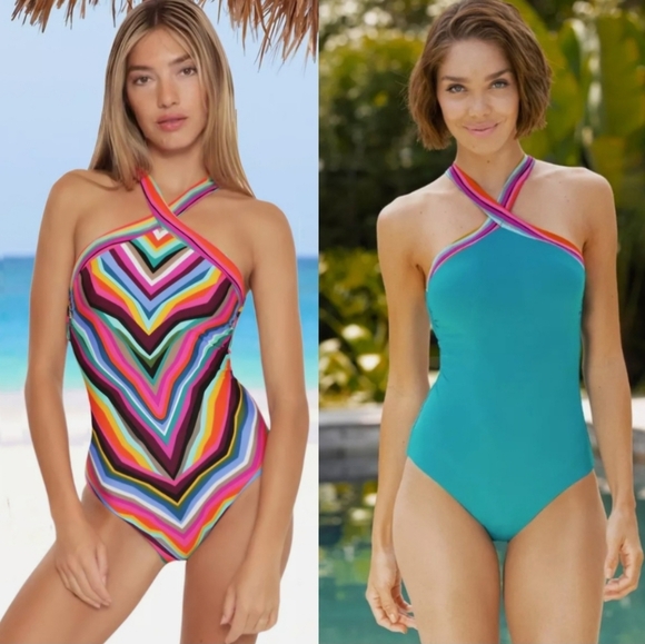 Trina Turk Other - Trina Turk Louvre Reversible Multicolor and Teal Halter One-Piece Swimsuit 12